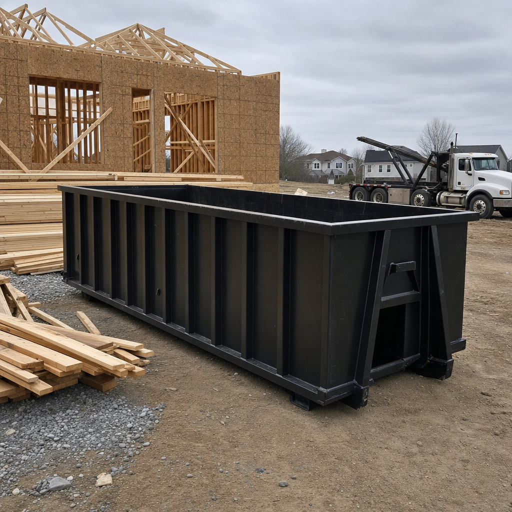 Matte-black 40-yard roll-off dumpster staged on a framed-out residential construction site in Youngstown, framing lumber stacked nearby, hooklift delivery truck visible in the background under bright Colorado daylight