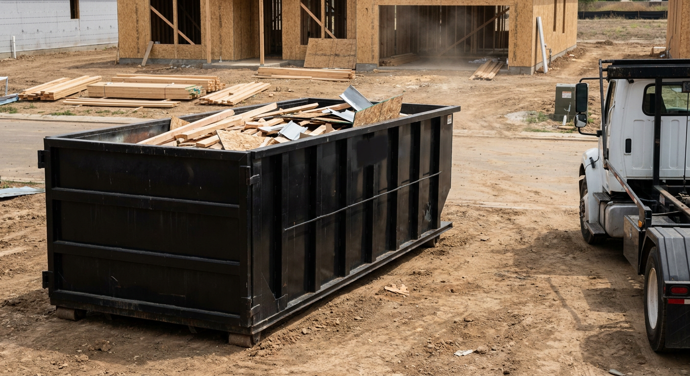 Matte-black 20-yard roll-off construction dumpster with heavy ribbed steel sidewalls and swing rear doors at a working jobsite in Youngstown, sitting directly on compacted dirt with an unmarked white hauler partially visible at the far edge of the frame.