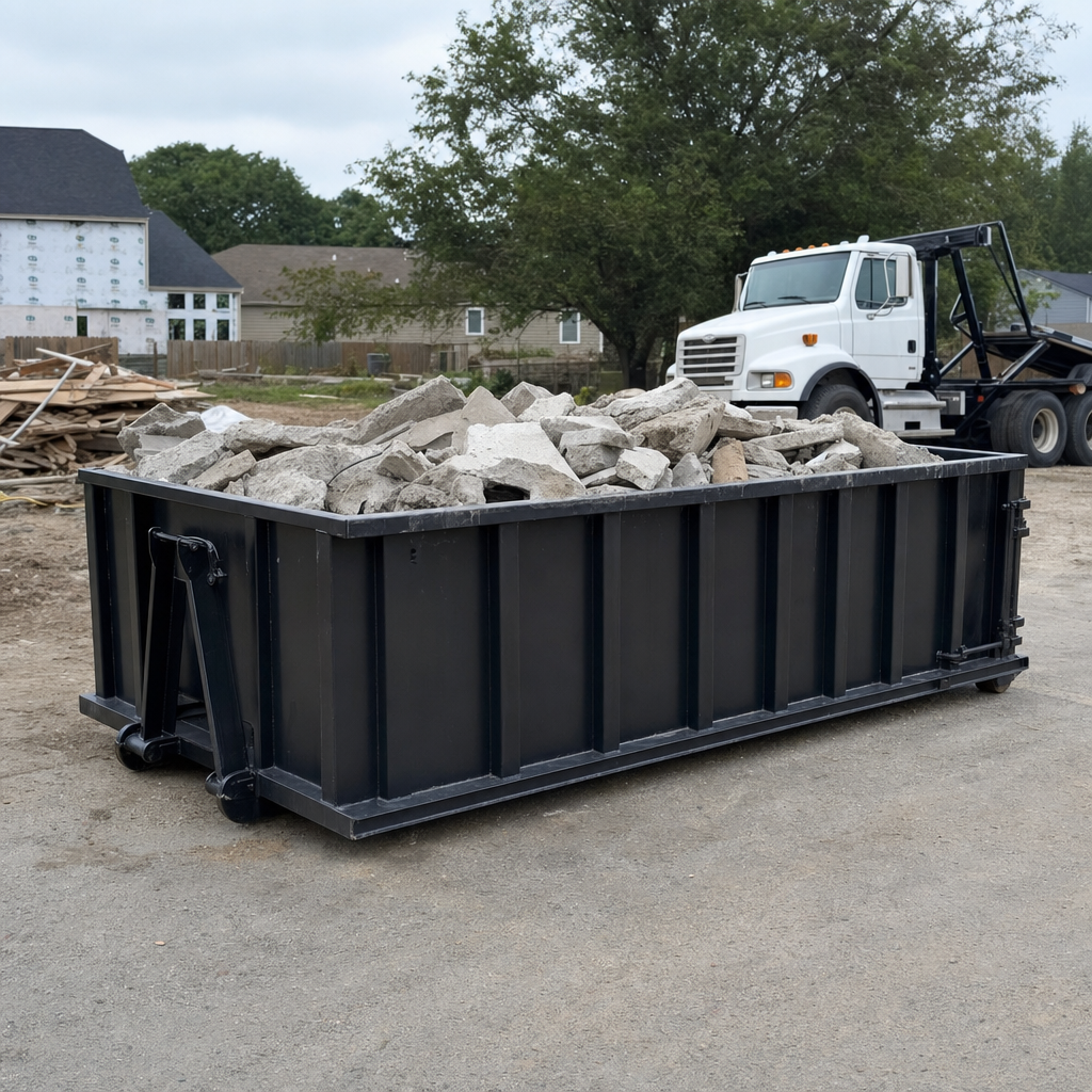 Low-profile matte-black lowboy roll-off dumpster loaded with broken concrete slab and rebar at a foundation tear-out in Youngstown, skid steer parked beside it, sunny Colorado morning