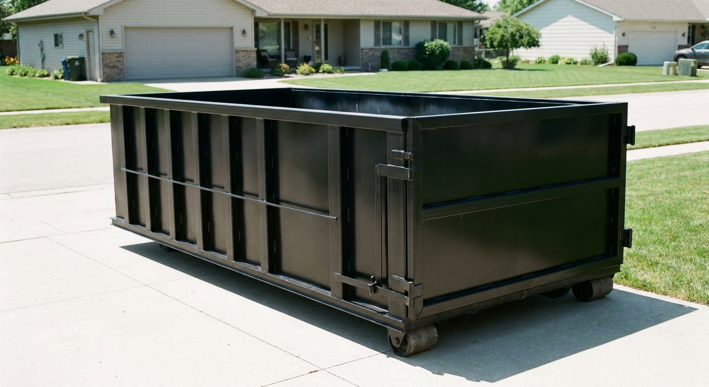 Matte-black 10-yard roll-off dumpster on a residential concrete driveway in Youngstown, uniformly painted matte black across every panel and rail, ribbed steel sidewalls and rear swing door visible, mid-day daylight.