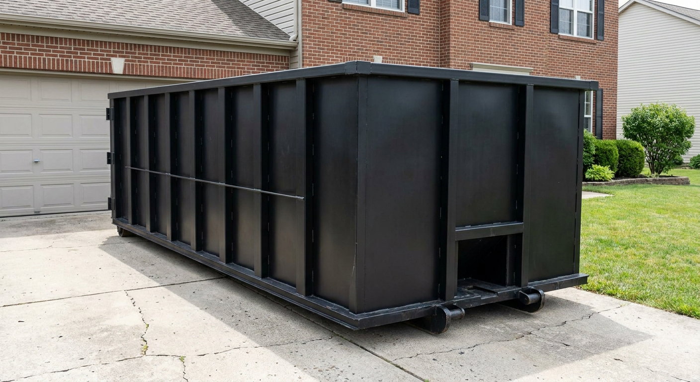 Matte-black 20-yard roll-off container on a Youngstown residential concrete driveway with reinforced ribbed steel sidewalls and a hinged rear walk-in door, clean bright daylight.