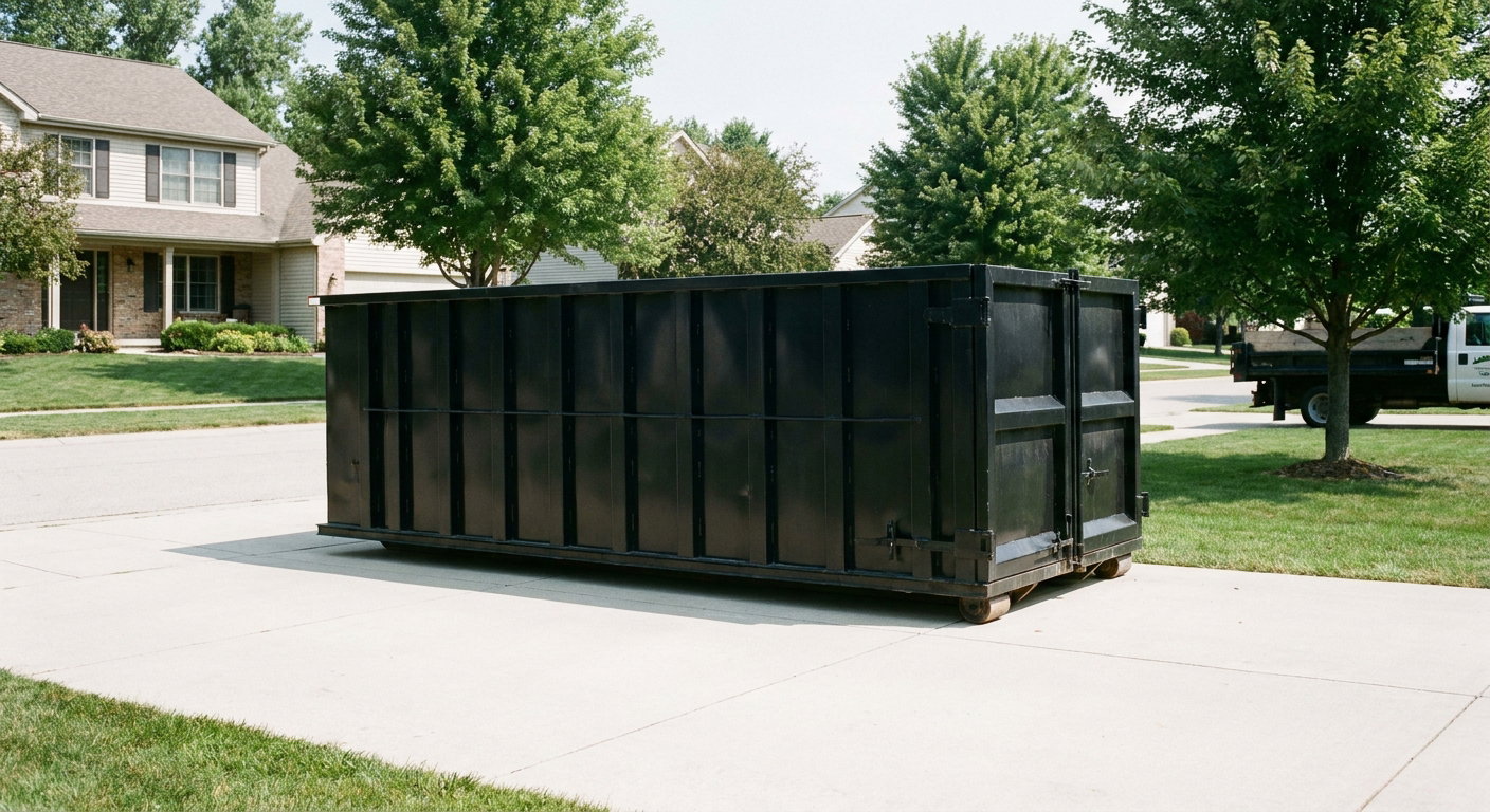 Matte-black 20-yard roll-off dumpster sitting level on a clean Youngstown residential concrete driveway under bright daylight, demonstrating clean placement directly on the concrete.