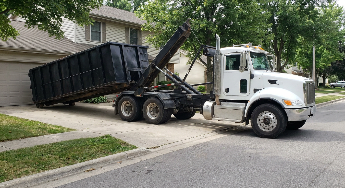 White-cab hooklift roll-off truck actively lowering a matte-black dumpster onto a Youngstown residential concrete driveway, the dumpster's rear wheels touching the driveway as the hoist arm tilts the bed forward, mid-morning daylight.