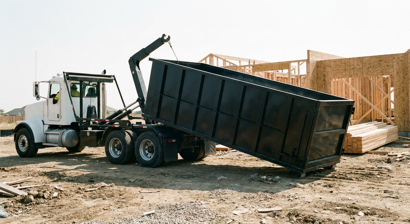 Matte-black roll-off dumpster being delivered onto a clean residential concrete driveway in Youngstown by an unmarked white hooklift hauler truck, bright morning daylight, documentary 35mm perspective.