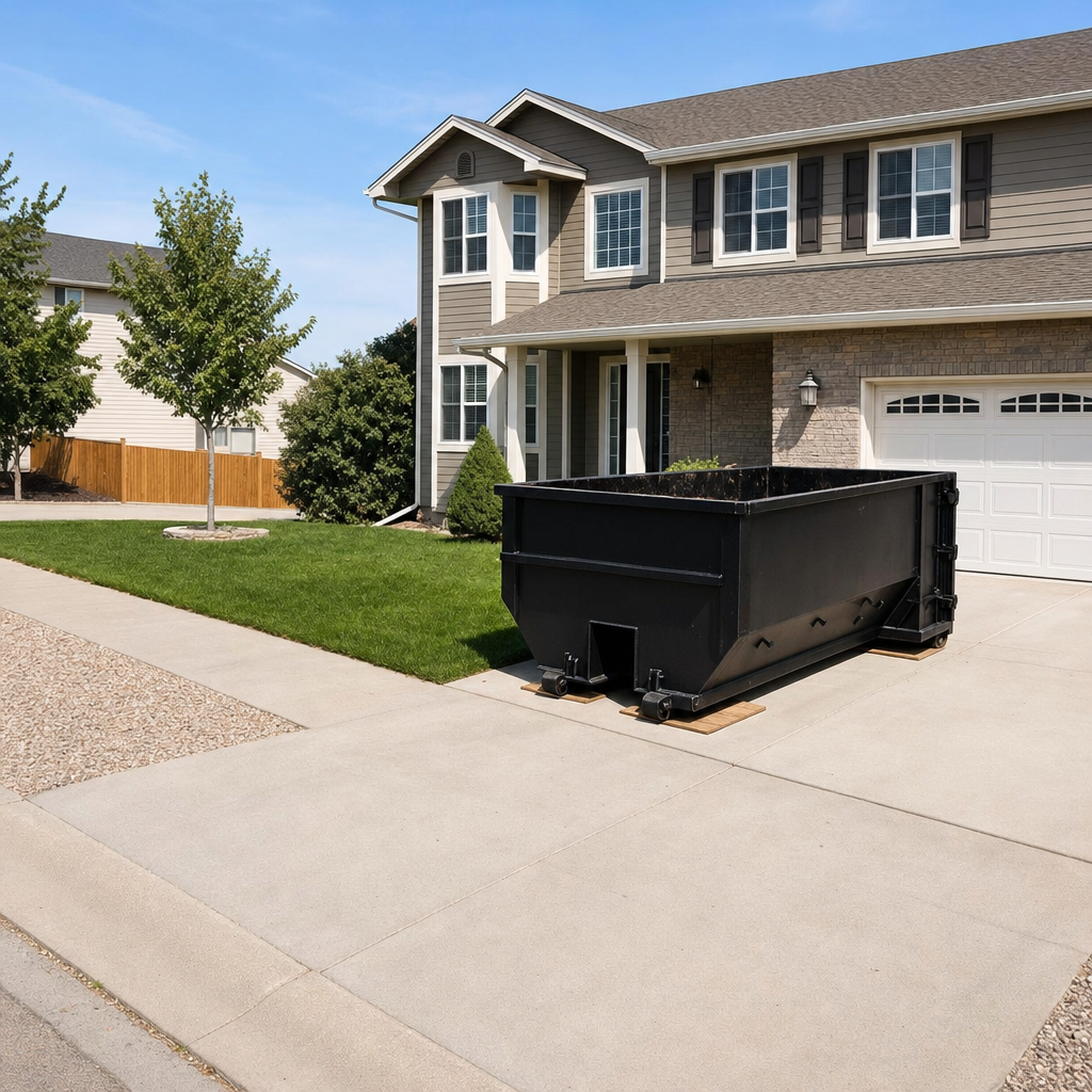 10-yard matte-black residential dumpster placed directly on a narrow Youngstown concrete driveway, room remains for a parked sedan beside it, mid-morning natural light