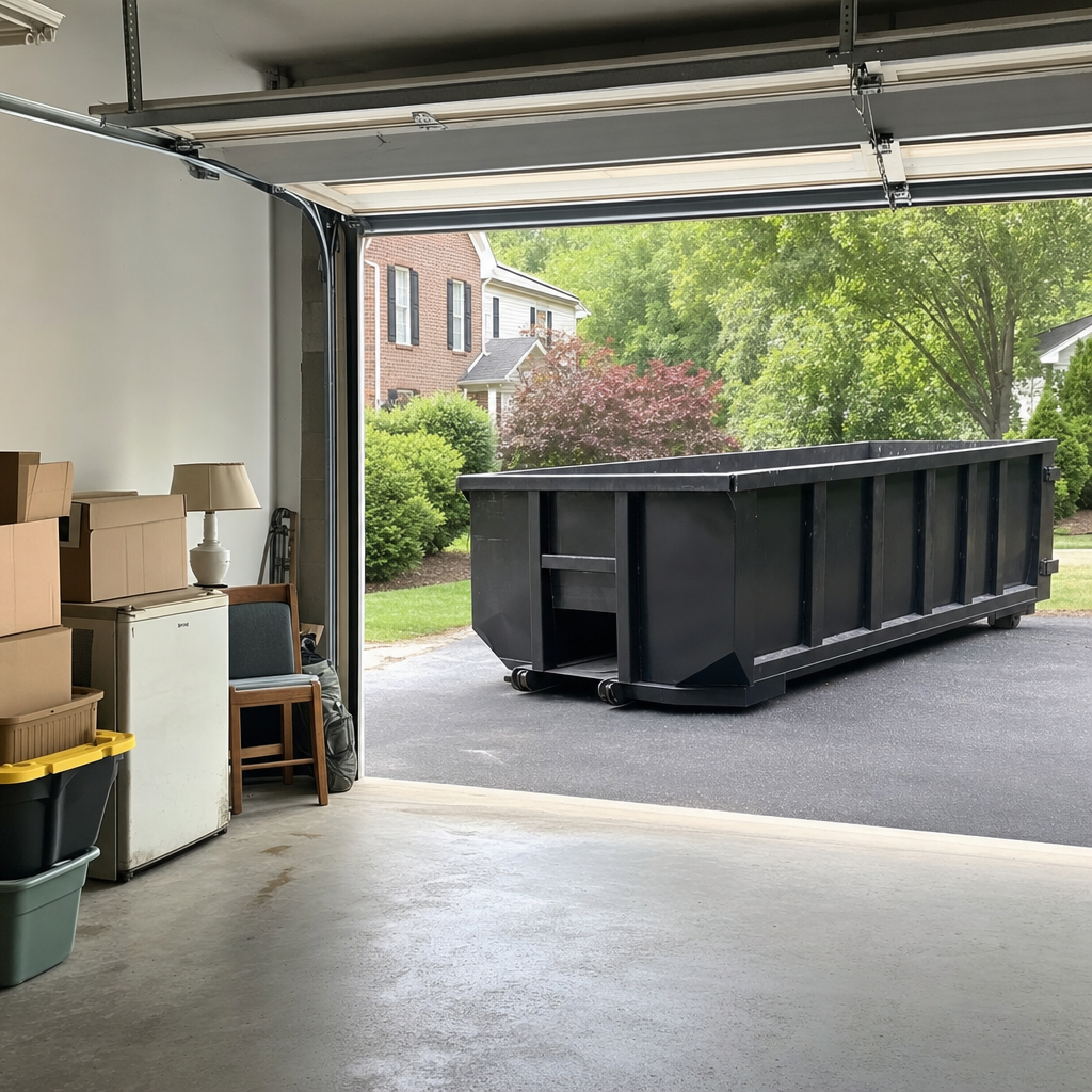 Open garage interior in a Youngstown home mid-cleanout — boxed items, an old appliance, and stacked yard tools queued near the driveway for a matte-black roll-off dumpster, organized and calm