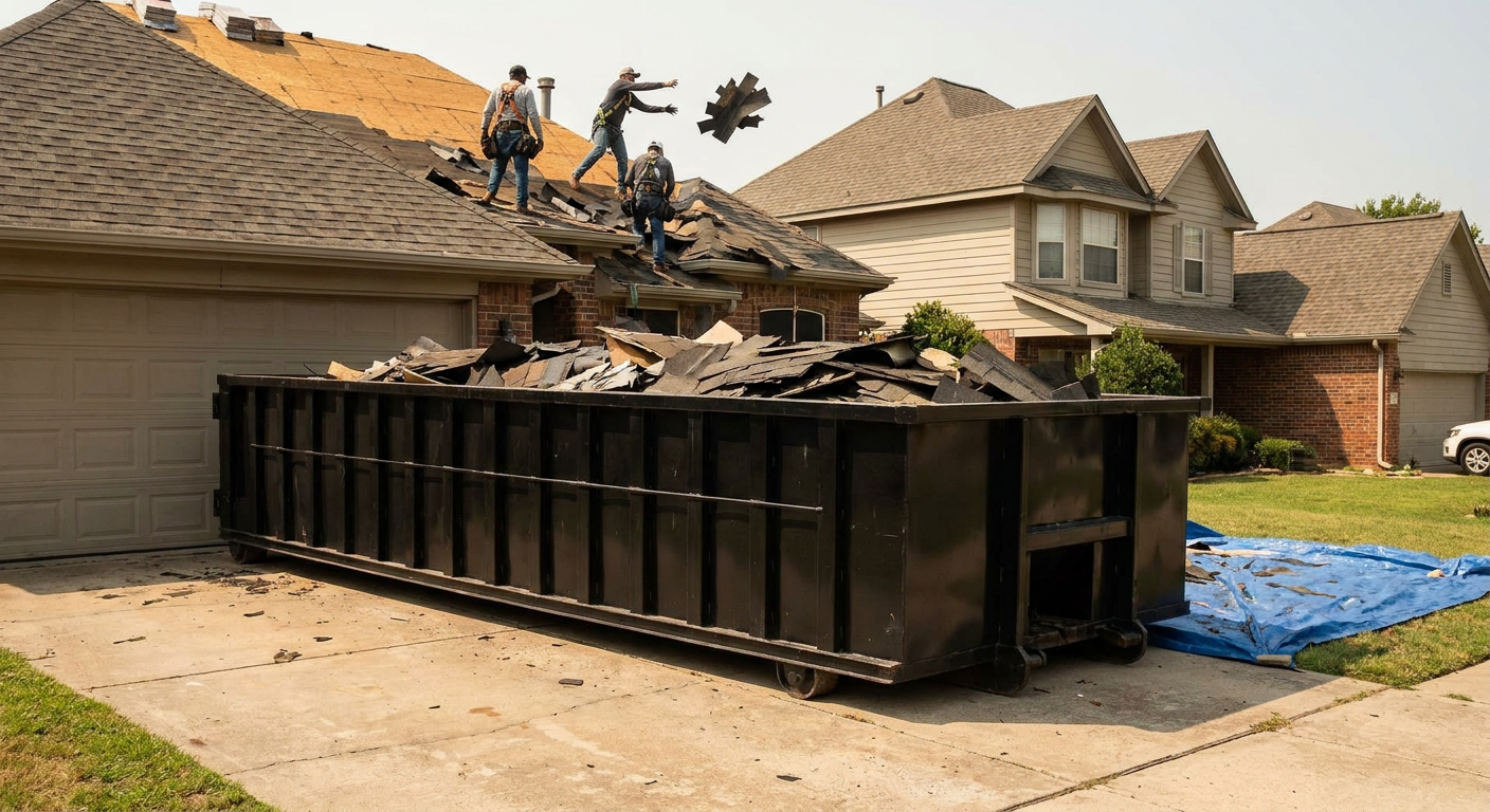 Matte-black roofing roll-off dumpster placed directly on a Youngstown residential concrete driveway, a tear-off crew on a two-story asphalt-shingle roof tossing shingle bundles into the low-walled container, bright daylight, documentary 35mm perspective.