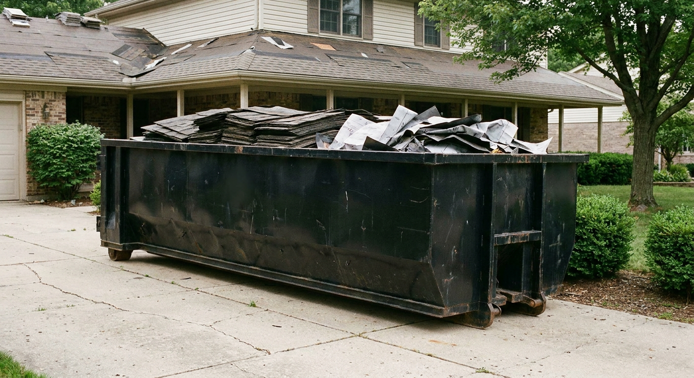 Matte-black 30-yard roofing roll-off dumpster sitting directly on a Youngstown concrete driveway, taller ribbed steel side panels, mixed tear-off debris of asphalt shingles and underlayment inside, professional documentary daylight.