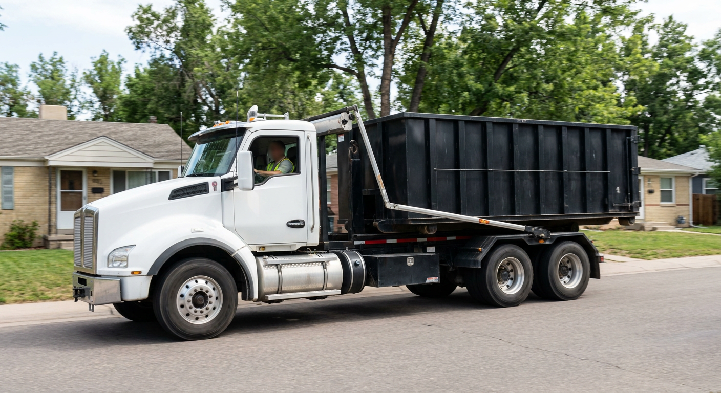 A wide documentary shot of a matte-black roll-off delivery truck pulling onto a quiet Youngstown residential street at mid-morning, with neighborhood rooftops and tree-lined blocks visible behind, showing the metro coverage footprint.