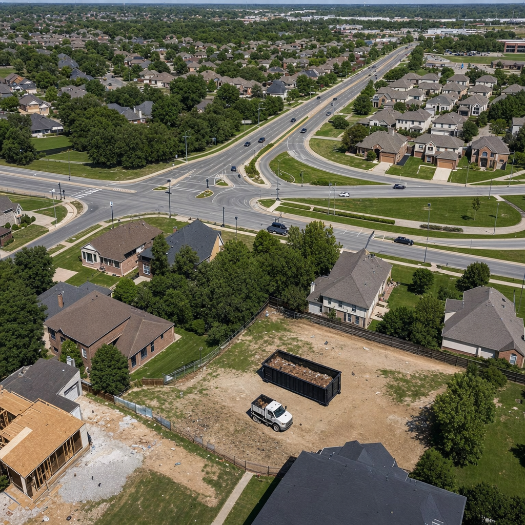 An overhead documentary view of the Youngstown metro area at midday, showing the spread of neighborhoods, arterial roads, and the dispatch radius from a central yard — clean daylight, organized geographic layout.