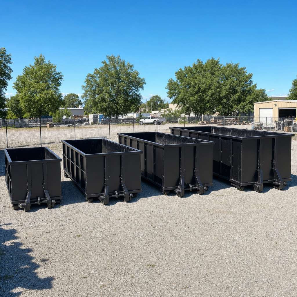 A clean lineup of matte-black roll-off dumpsters in 10, 20, 30, and 40-yard sizes staged on a sunlit gravel yard in Youngstown, showing the size progression from compact to commercial-scale containers.