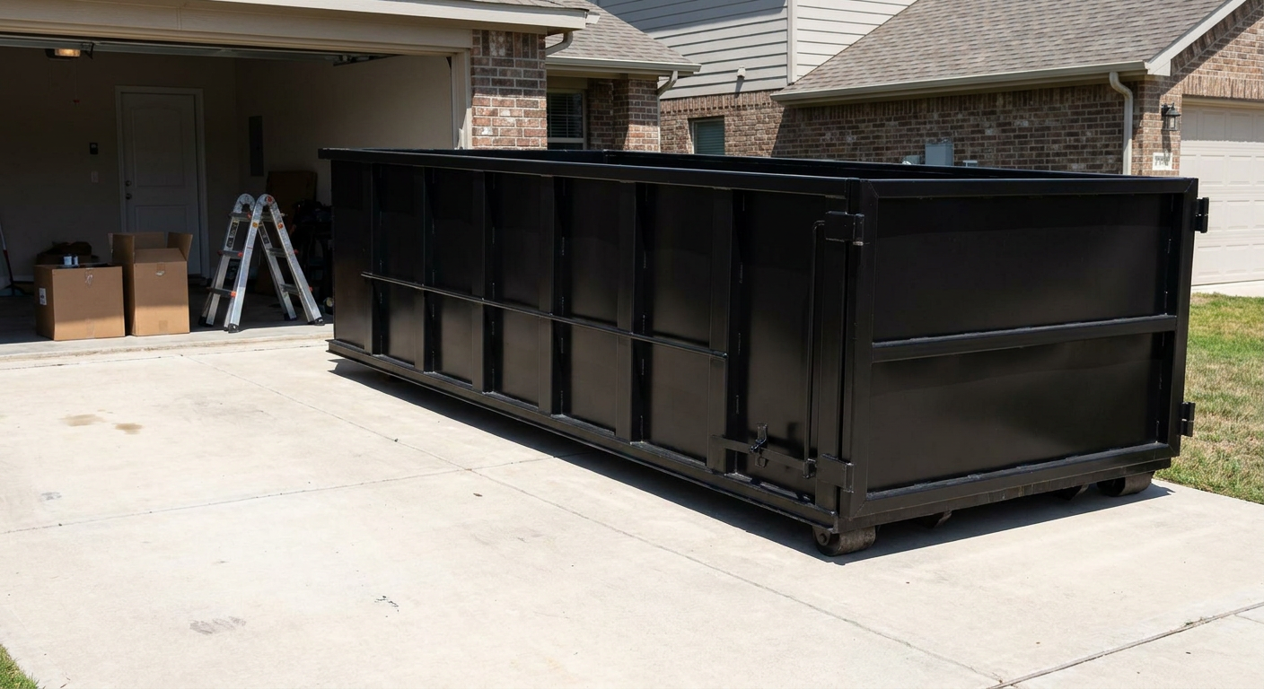A matte-black 10-yard roll-off dumpster sitting directly on a residential Youngstown concrete driveway, mid-day sunlight, clean and ready for a garage cleanout.