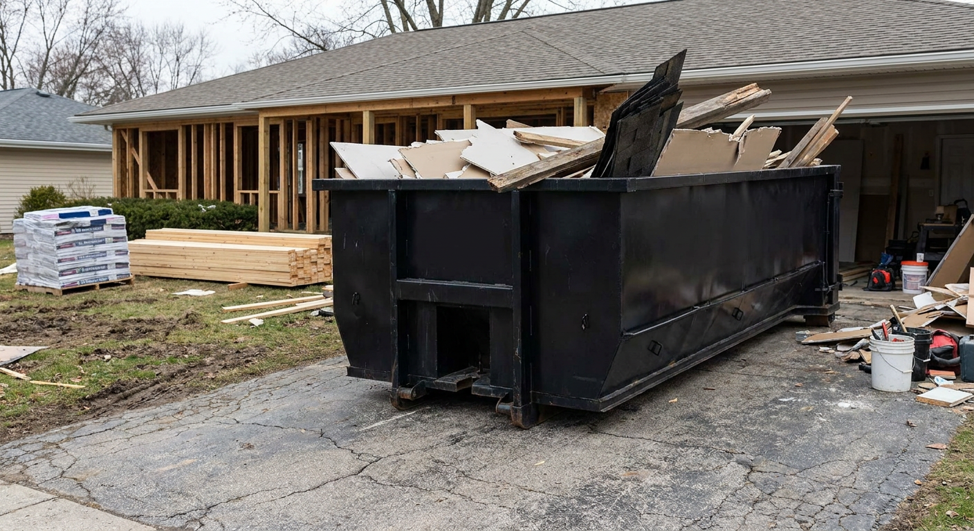 A matte-black 20-yard roll-off dumpster placed alongside a mid-renovation Youngstown home directly on the asphalt driveway, with framing materials and torn-off shingles staged neatly nearby.