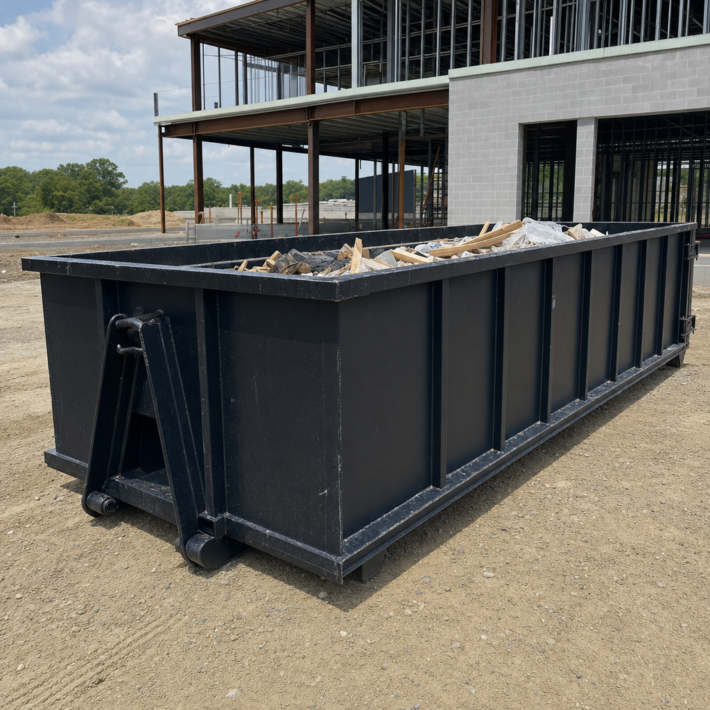 A matte-black 40-yard roll-off dumpster staged on a large Youngstown commercial construction lot, with a hooklift delivery truck parked alongside under bright midday sky.
